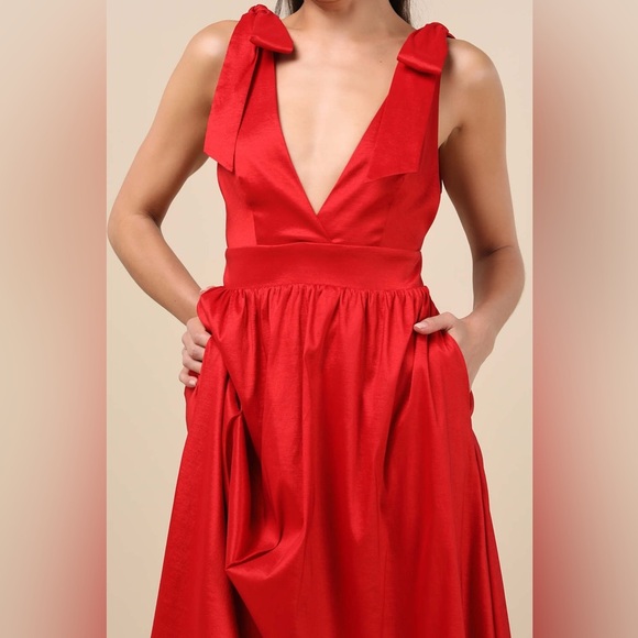 LULU’S Rare Charm Red Taffeta Tie-Strap Maxi Dress With Pockets - Picture 3 of 6